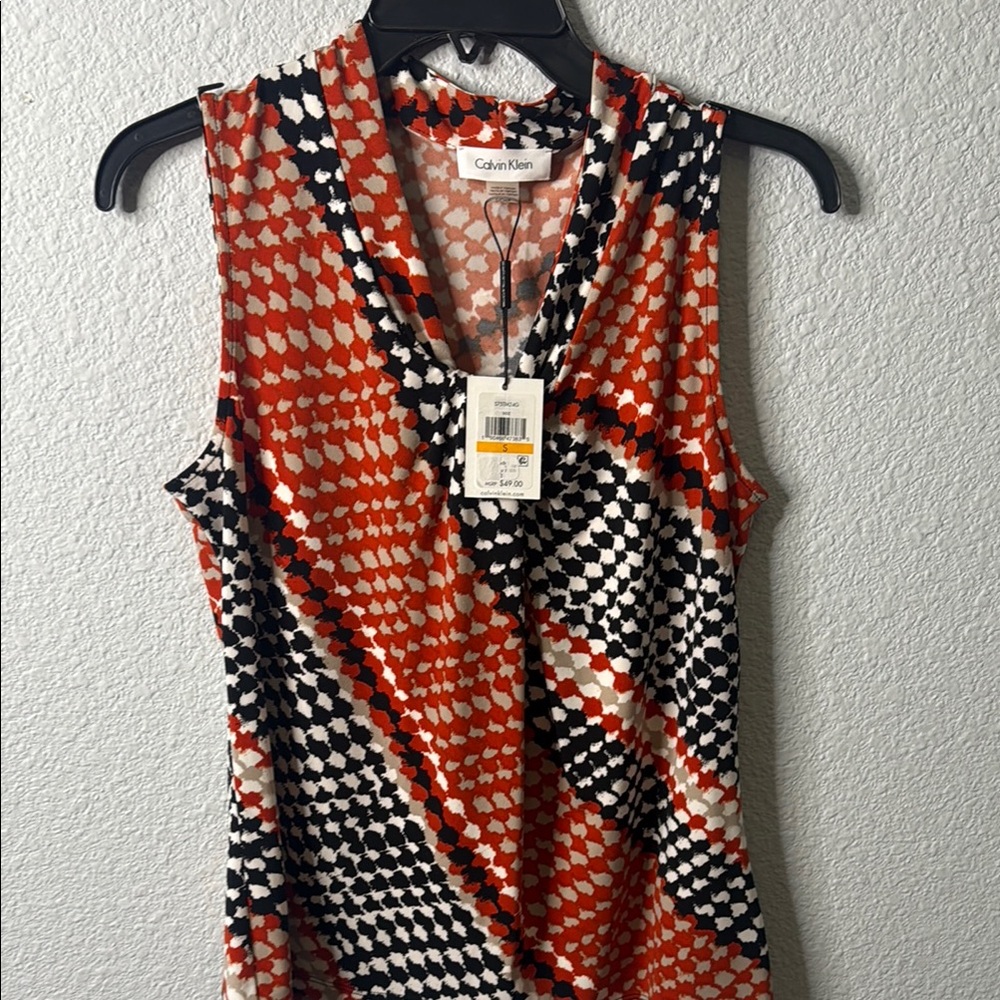 Calvin Klein Orange Black Notched Collar Wrap Blouse